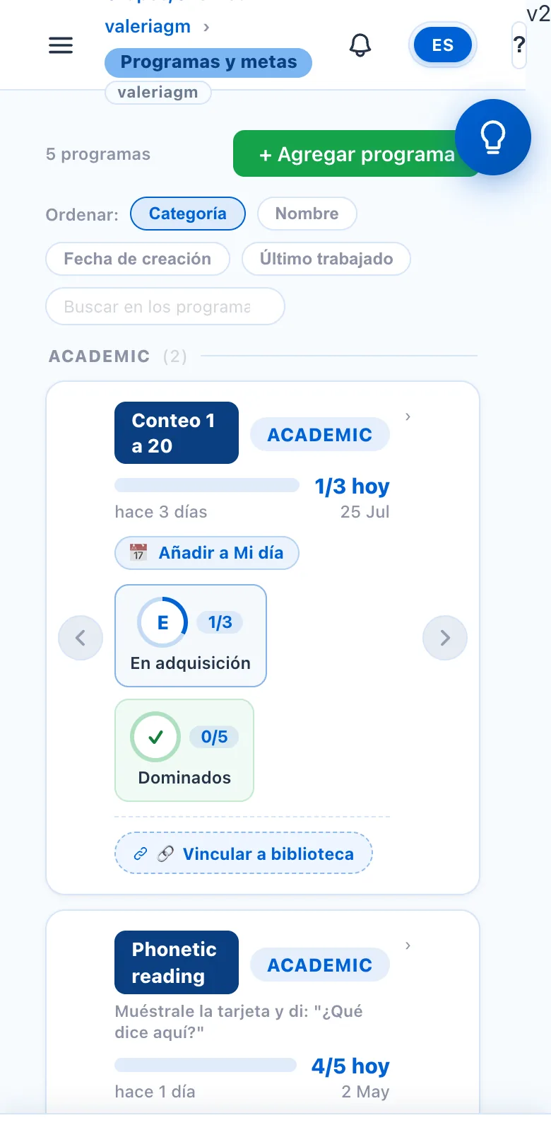 Pantalla de TherapyConnectData: programas y metas de un niño