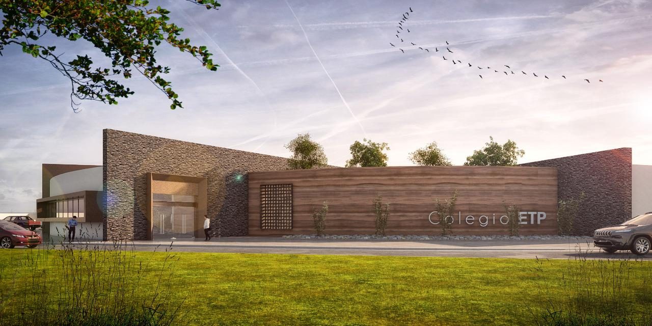 Render del anteproyecto del Centro ETP: fachada de piedra y madera con el letrero Colegio ETP
