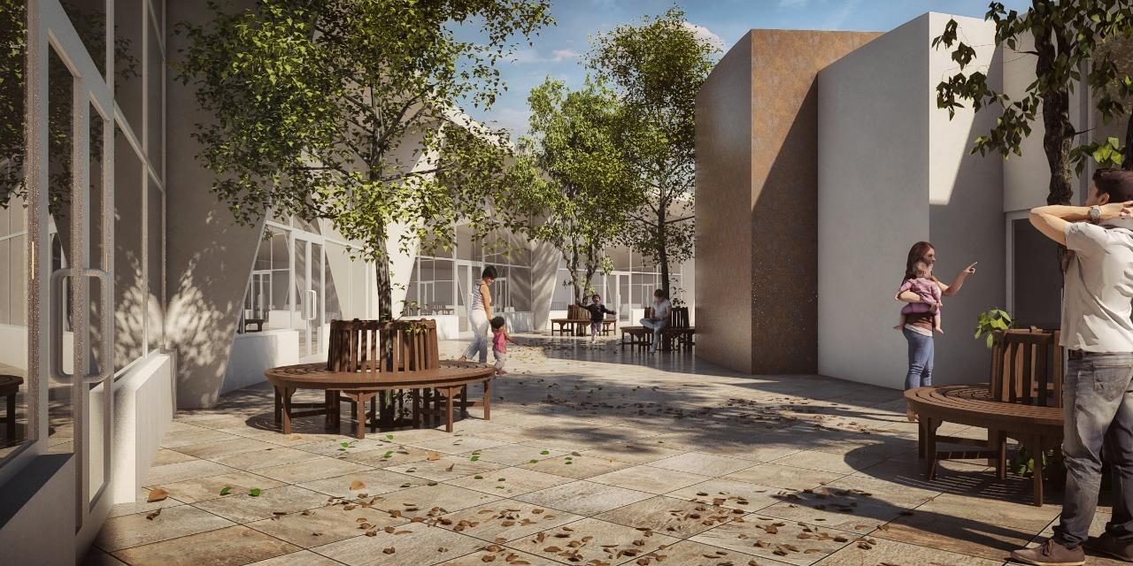 Render del patio interior del Centro ETP con árboles, bancas circulares y salones abiertos al jardín